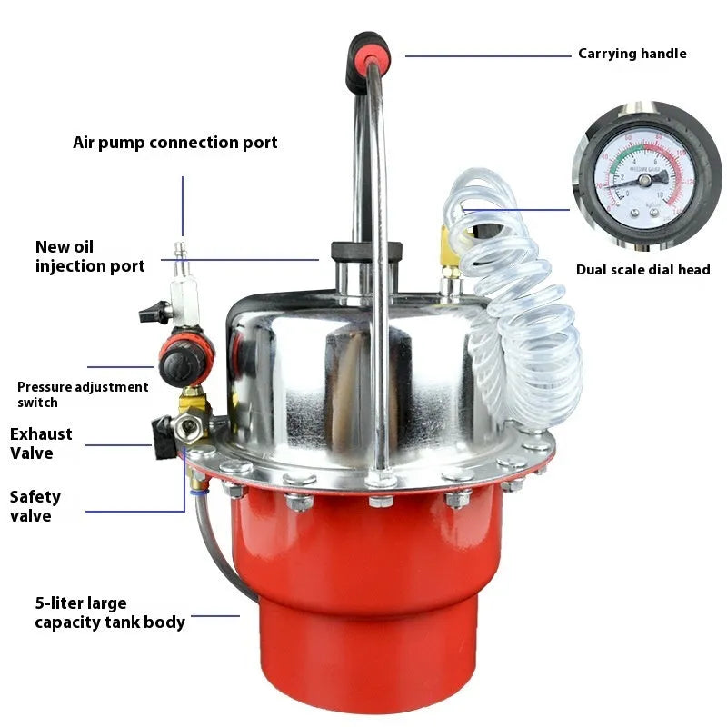 Pneumatic brake fluid replacement machine with pressure gauge and transparent drain pipes