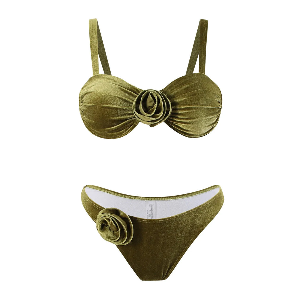 Women's green 3D flower print swimsuit with high elasticity and polyester lining