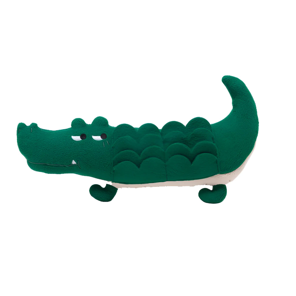 Green soft plush toy dog on white background, showing its 35 cm size.