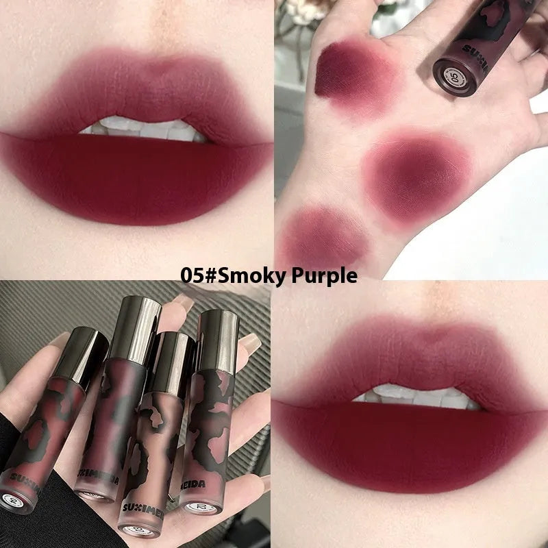 Lava Secret Matte Lip Mud Lipstick in 5 shades showing orange brown coffee, cool grey, cinnamon coffee, jujube red and smoked purple colours