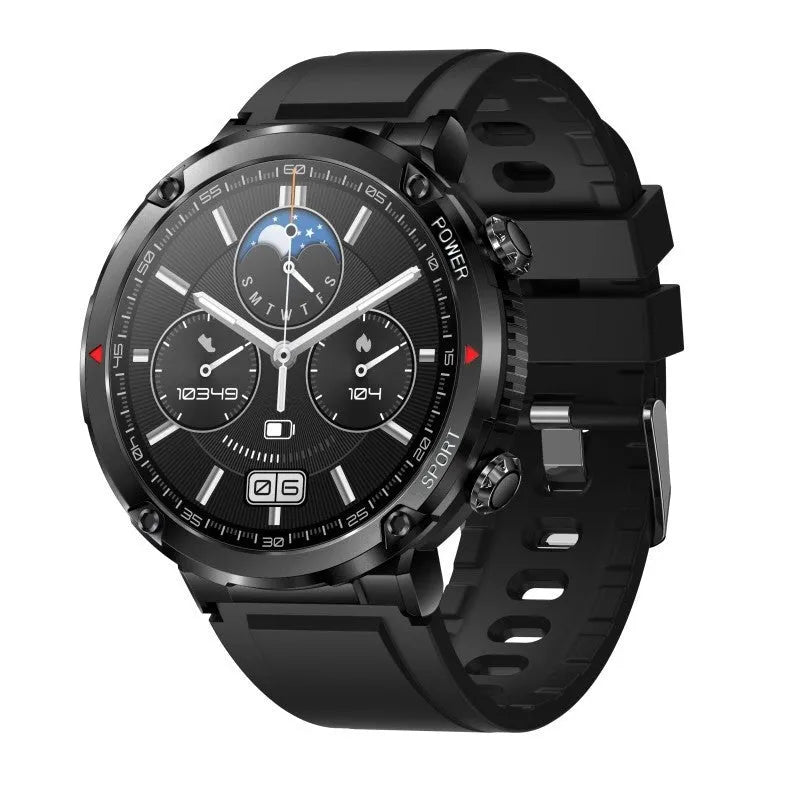 T30 smart watch with a black silicone strap on a wrist, showing a home screen with time and health metrics.