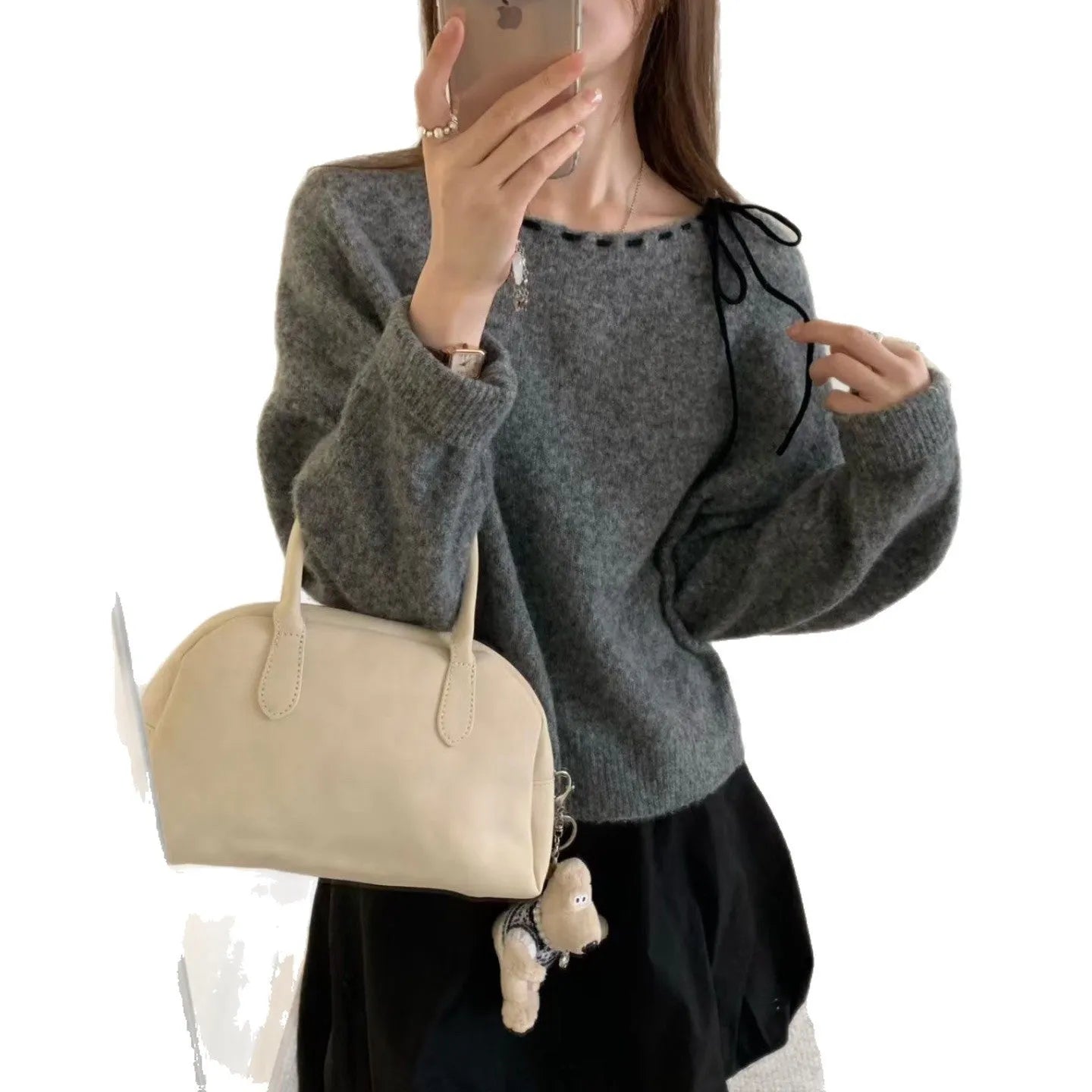 Grey loose-fitting women's pullover jumper made from regenerated cellulose fibre
