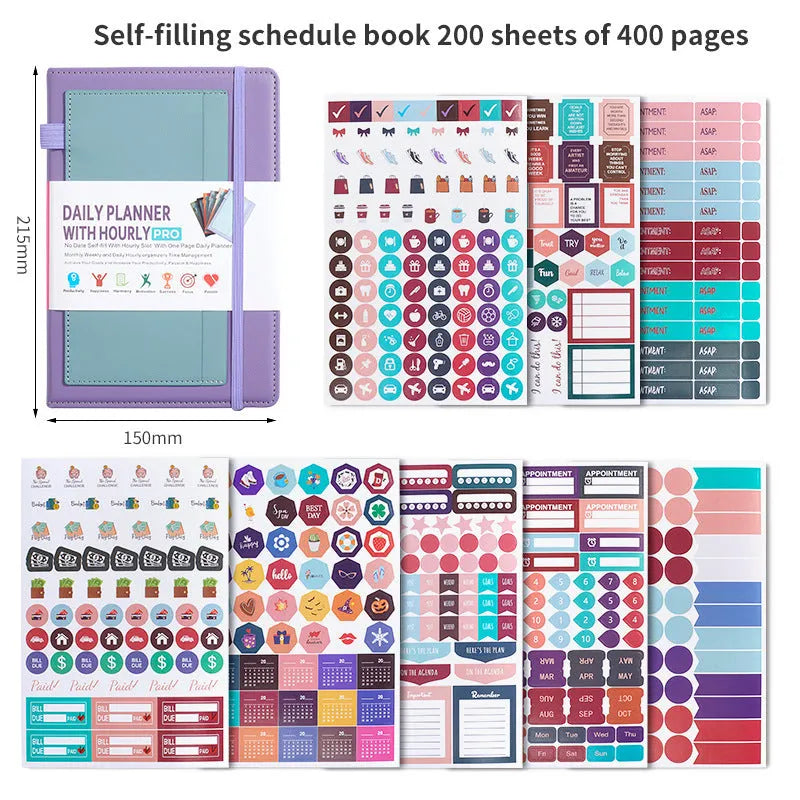 Open no-date notebook with thread binding, showing 80g wood-free paper and planning stickers on a purple PU leather cover.