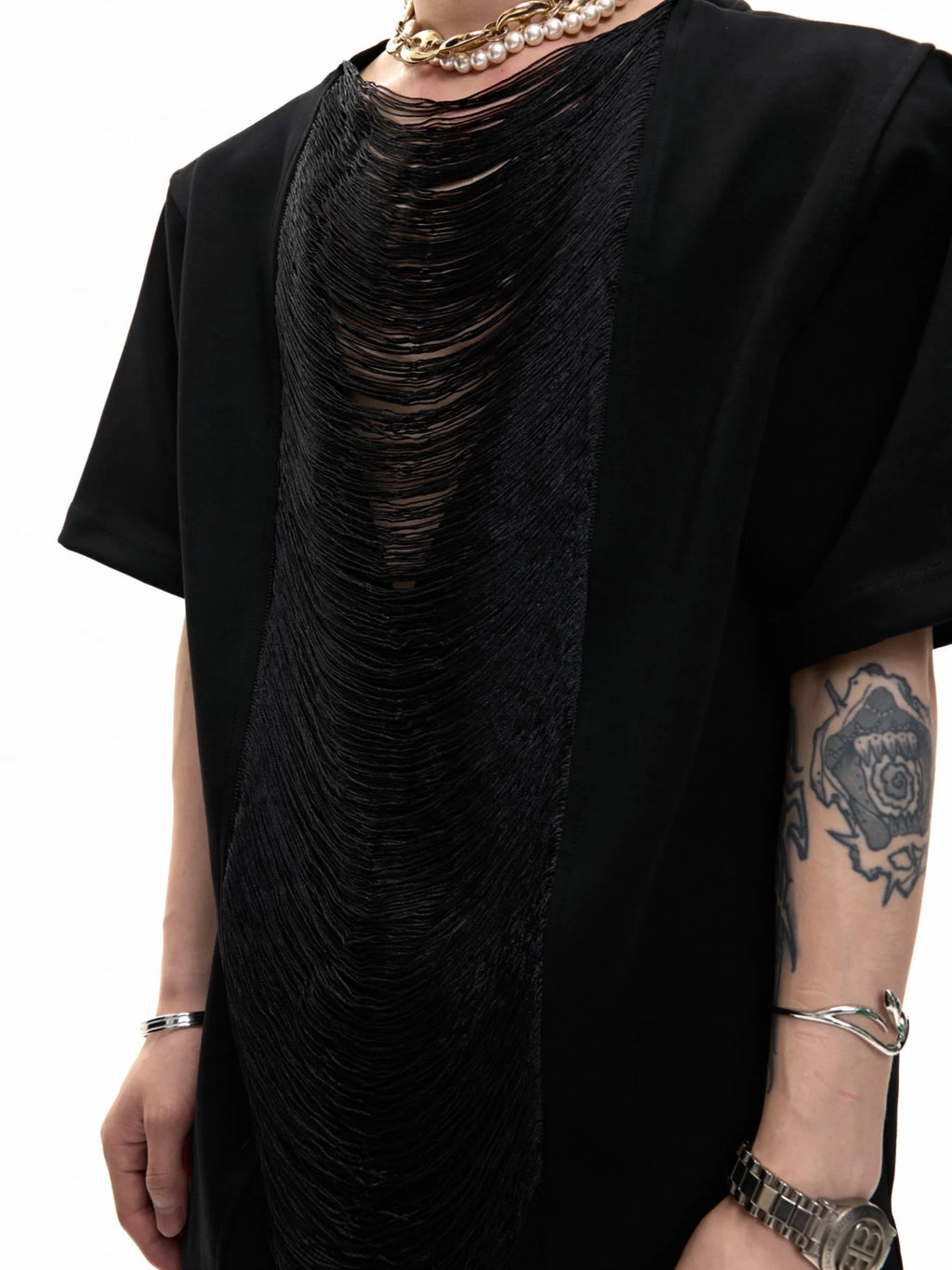 Men's black hollow out V-neck loose fit T-shirt with short sleeves and tassel detail