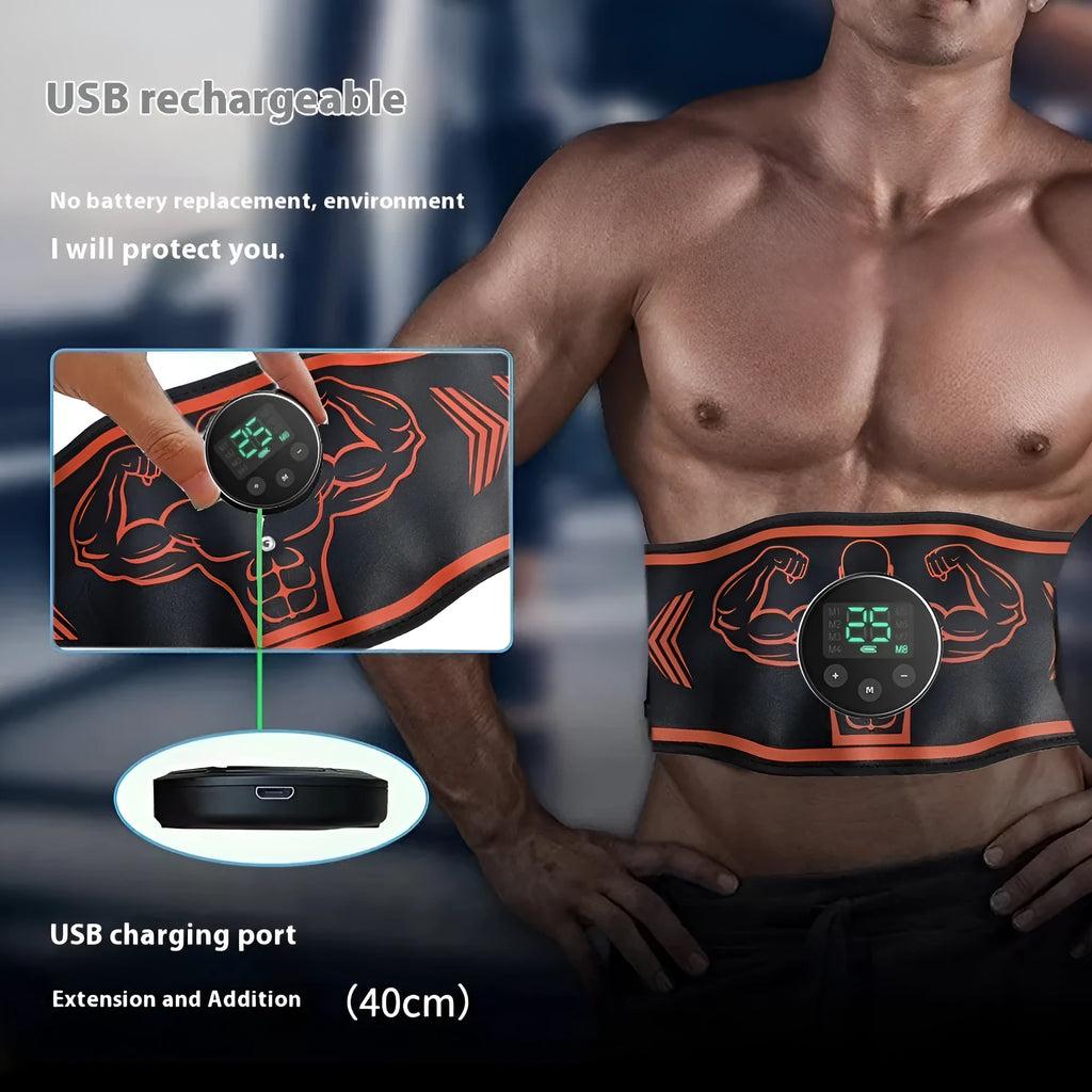 Orange and blue EMS smart massage belt sets with control host, main belt, and arm electrode pads.