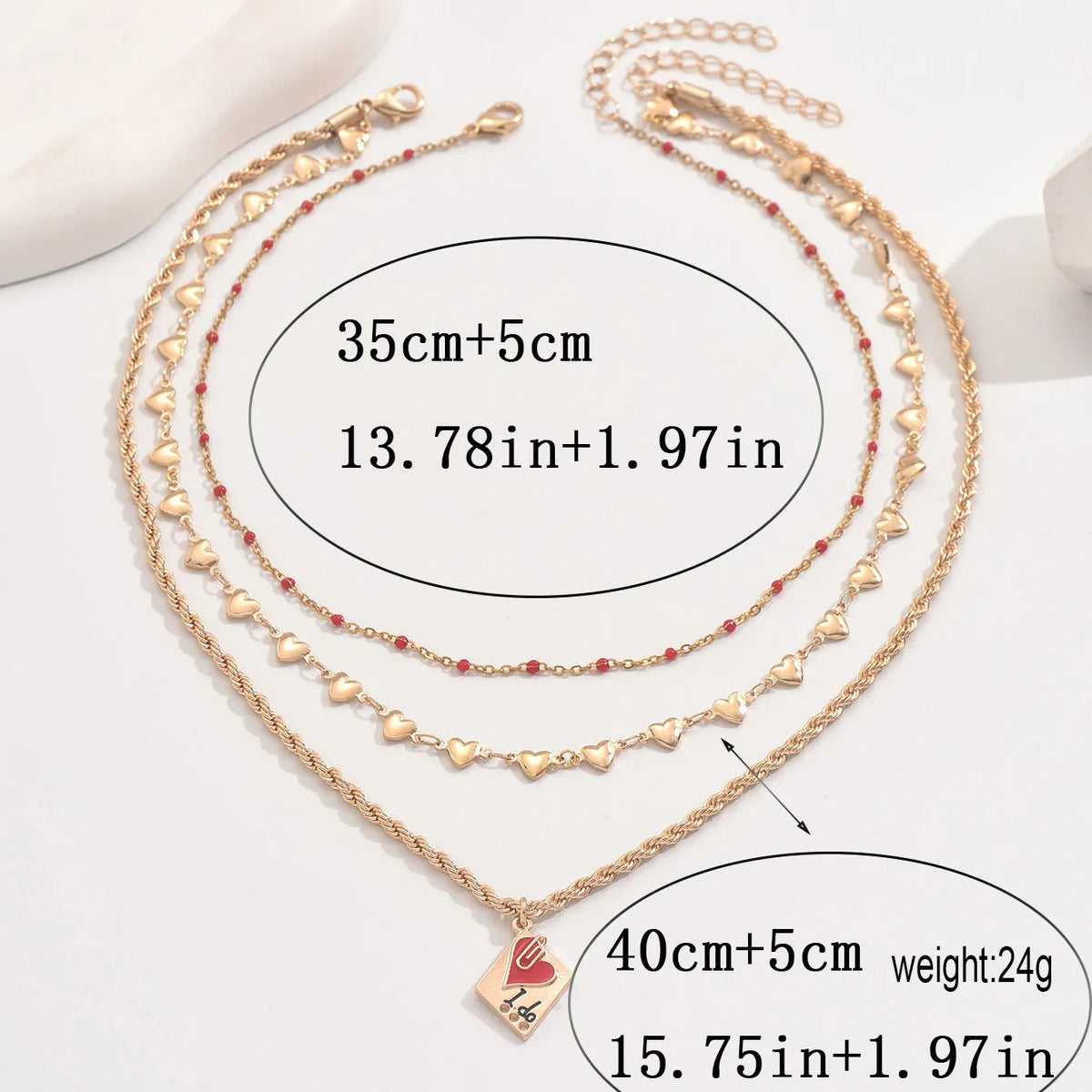 Gold-colour clavicle chain necklace with three-layer geometric heart pendant on adjustable chain