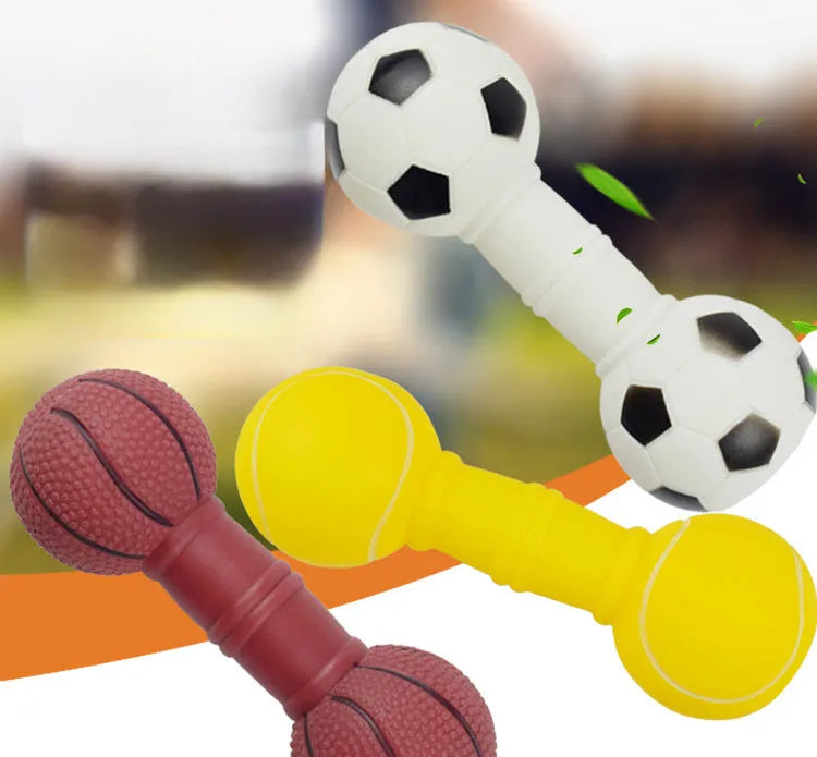 Brown, orange, white, and yellow PVC football dumbbell shaped dog squeaky toy on a white background.