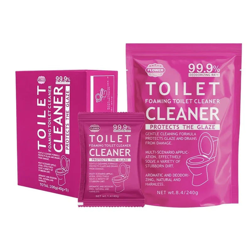 Toilet bubble powder in blue ocean or pink floral scent, in a large bag or box of 5 sachets, for descaling and anti-blocking.
