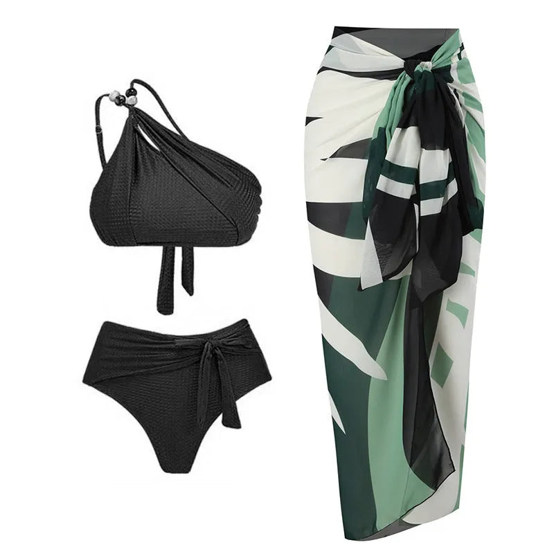 Brown high waist bikini swimsuit with push up top and attached chiffon dress overlay.