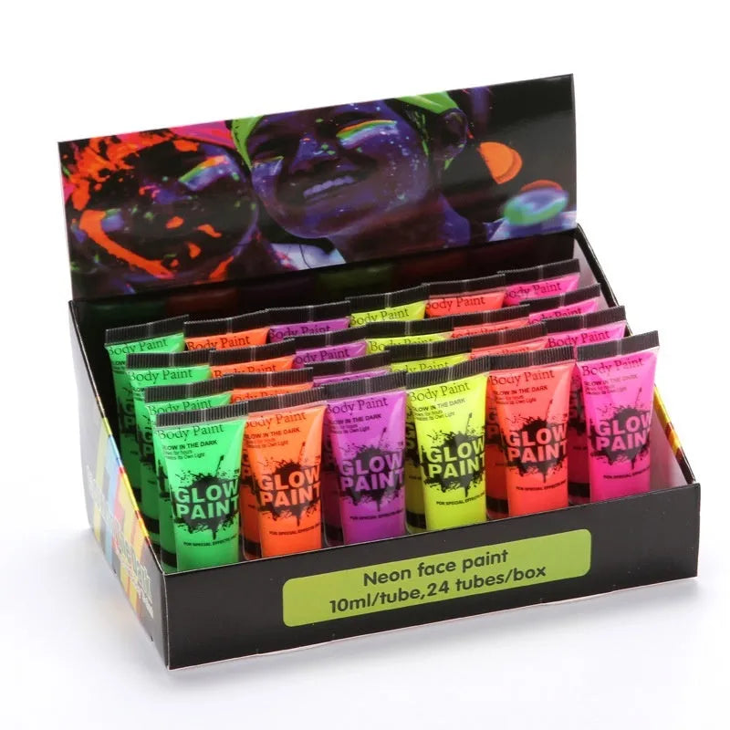 25ml tube of neon face and body paint in colours red, yellow, green, purple, orange, pink