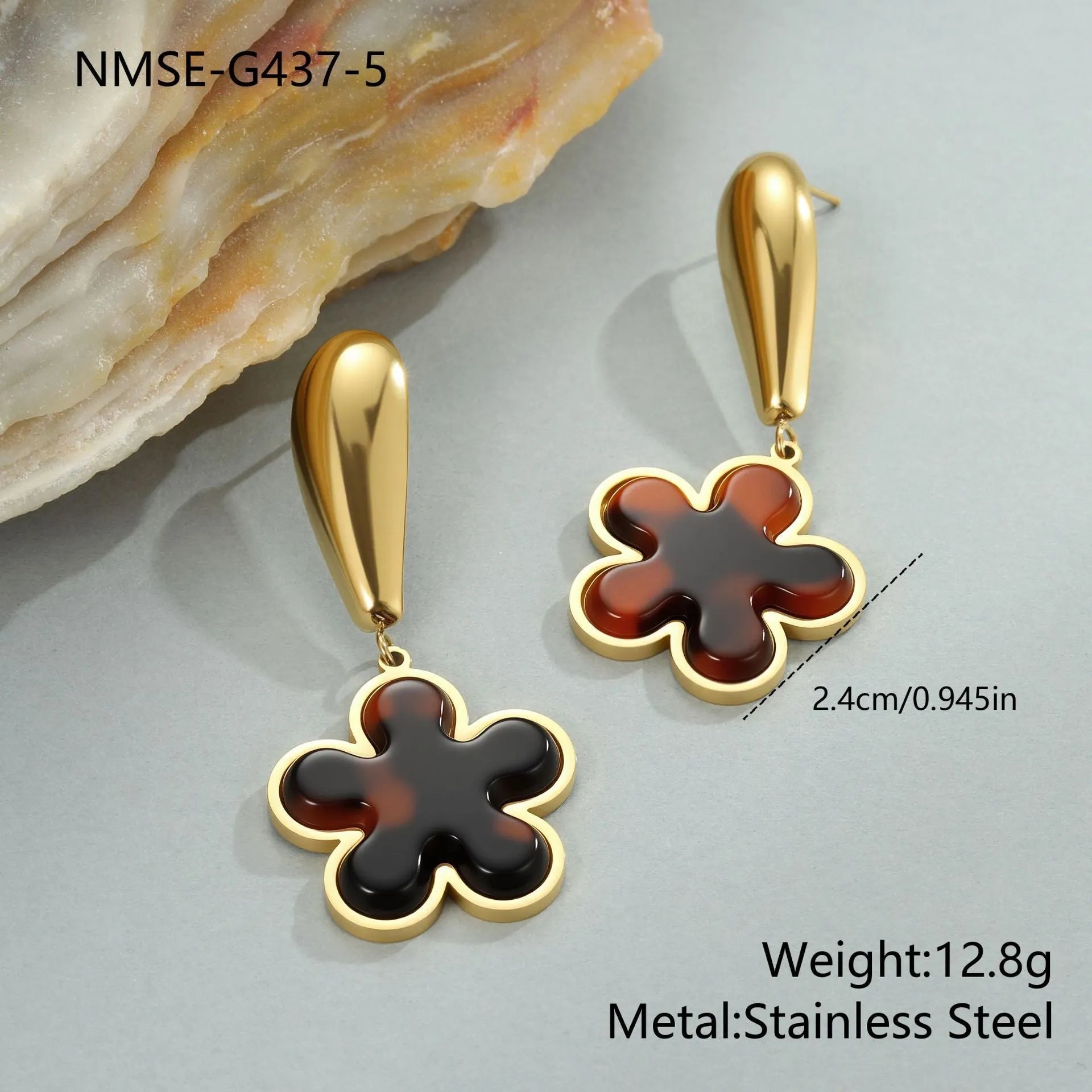 Tortoiseshell resin hawksbill colour earrings with 18K electroplated stainless steel in heart or flower geometric designs