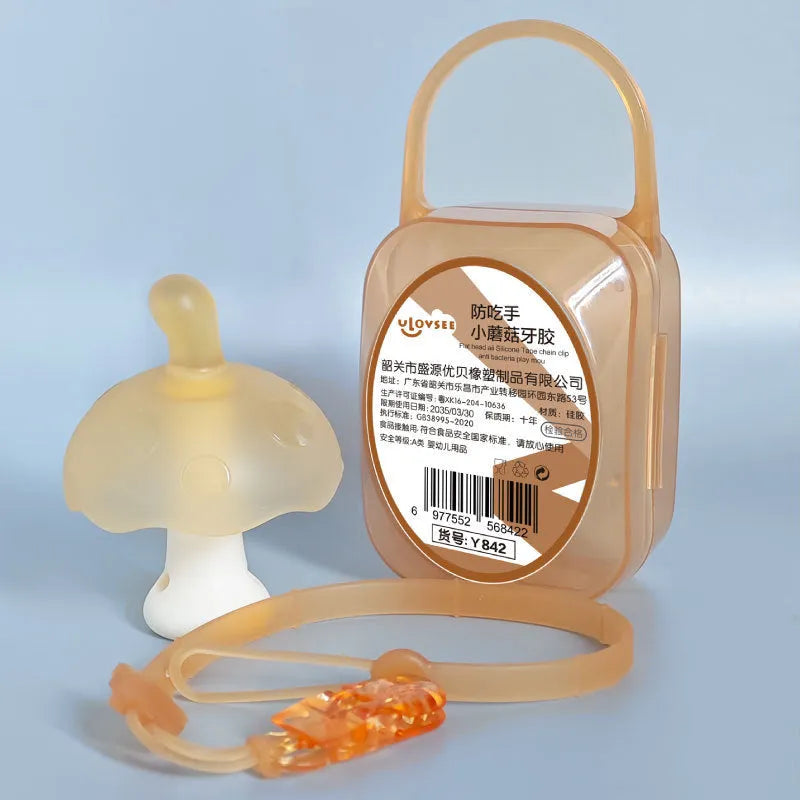 Small mushroom-shaped sensory chew made from latex food grade silicone gel with transparent chain and box