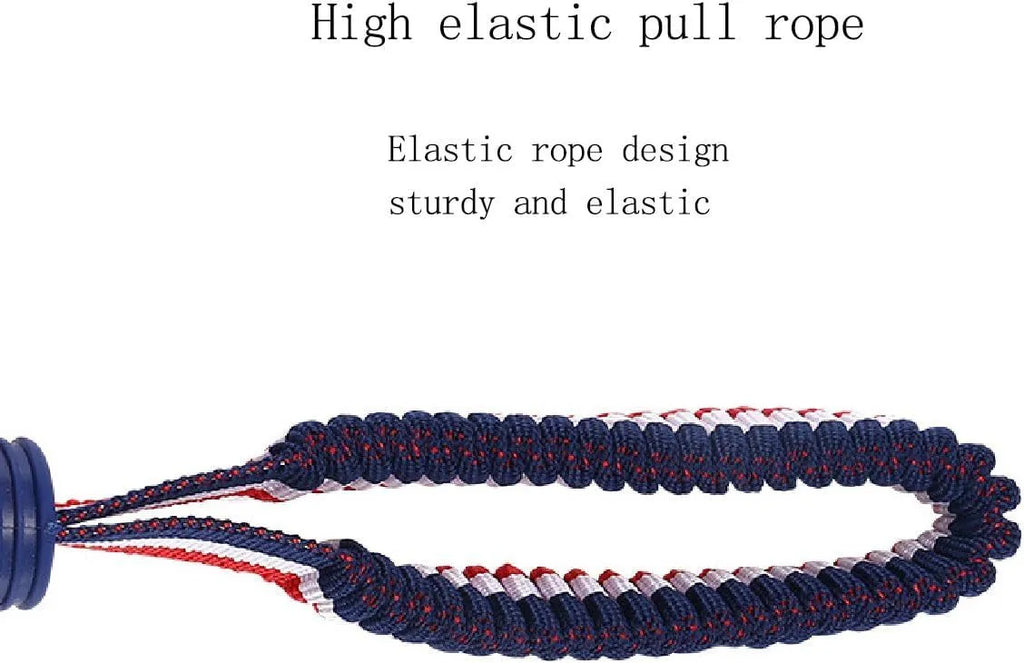 Blue rubber dog ball with attached rope toy for tug of war and dental cleaning