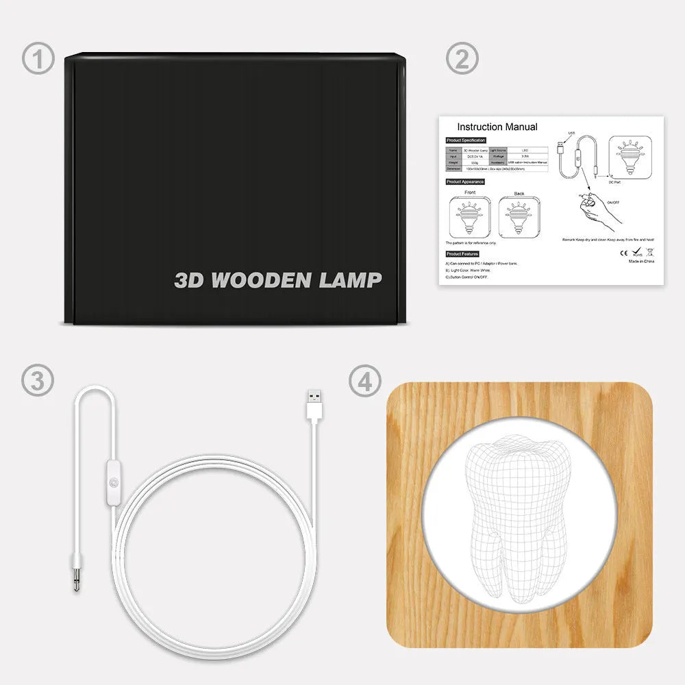 Tooth-shaped wooden colour acrylic USB night lamp on a table