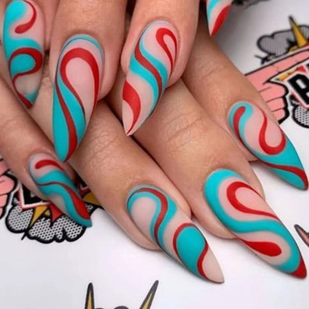Almond-shaped rainbow nail stickers with colourful lines in four French colour ripple styles
