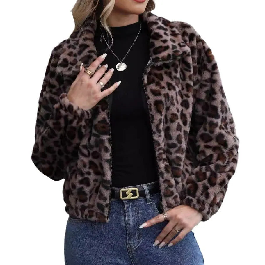 Women's leopard print loose fit plush coat with front zipper and raglan sleeves