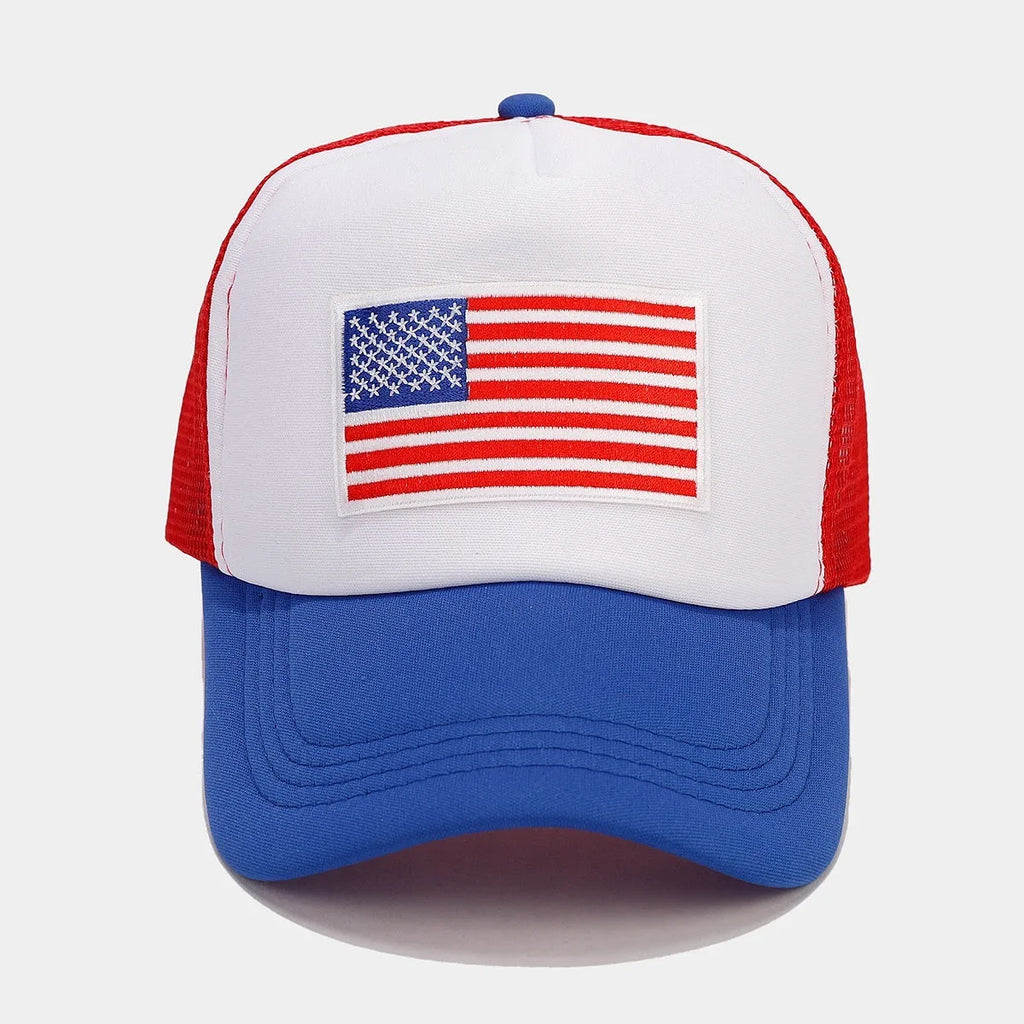 Red and blue contrast adjustable baseball cap with breathable mesh fabric.