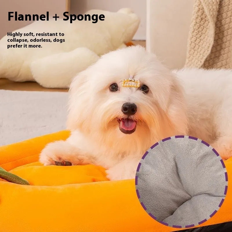 Brown washable dog mat with carrying handle on a wooden floor, showing removable cloth cover.