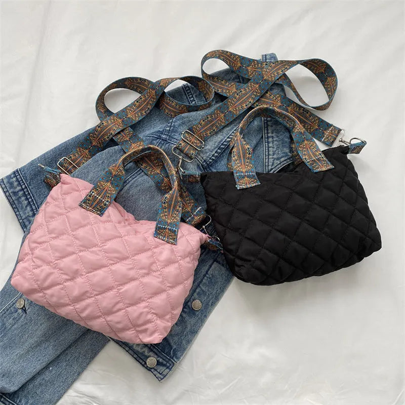 Oxford cloth shoulder messenger bag in horizontal square shape with sandwich pocket and phone compartment