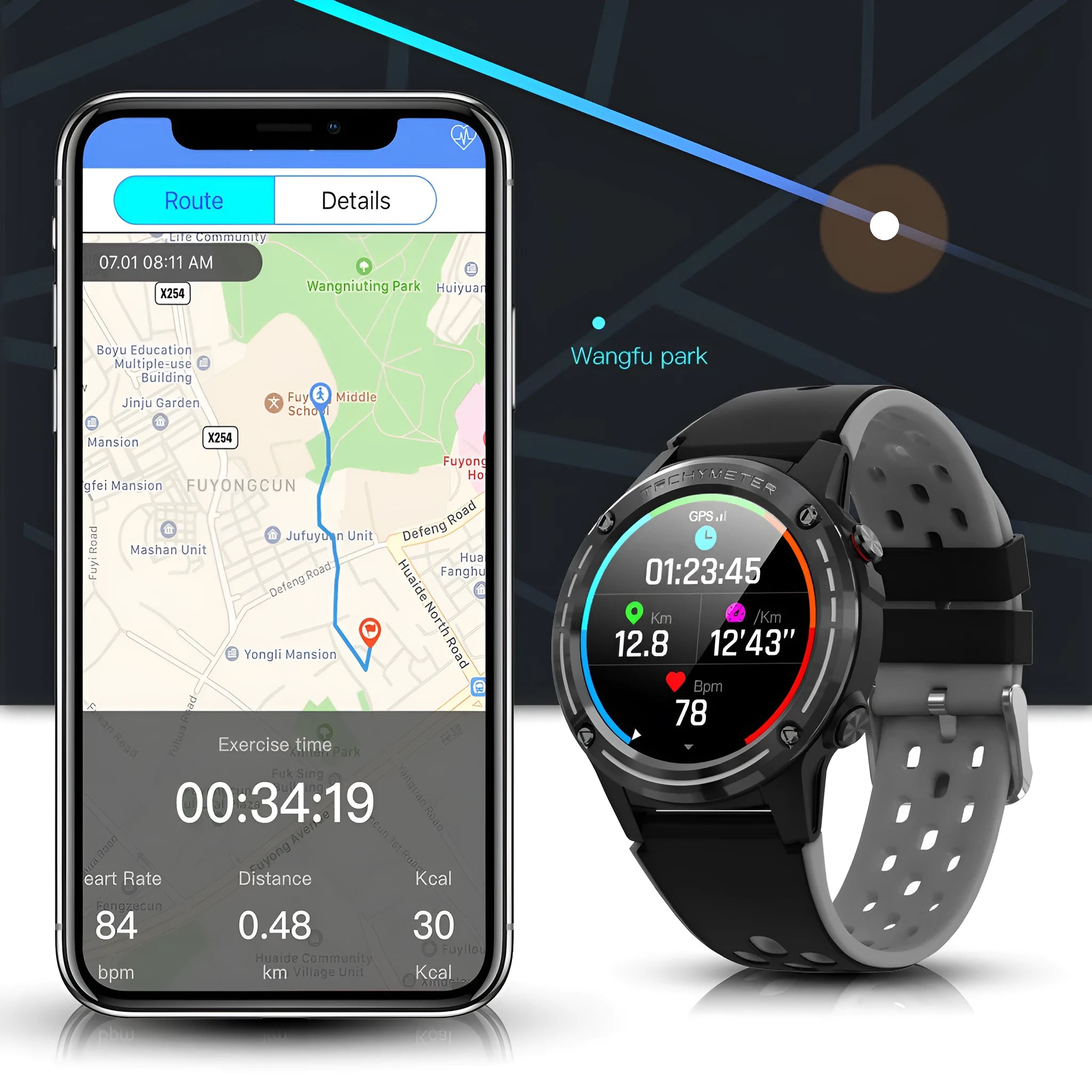 GPS smart watch with silicone sports bracelet and tempered glass screen