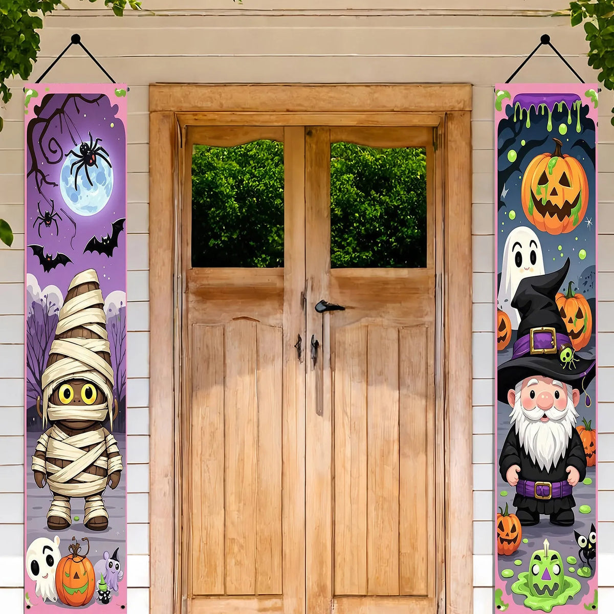 Pair of Halloween couplet banners measuring 30cm by 180cm for seasonal decoration