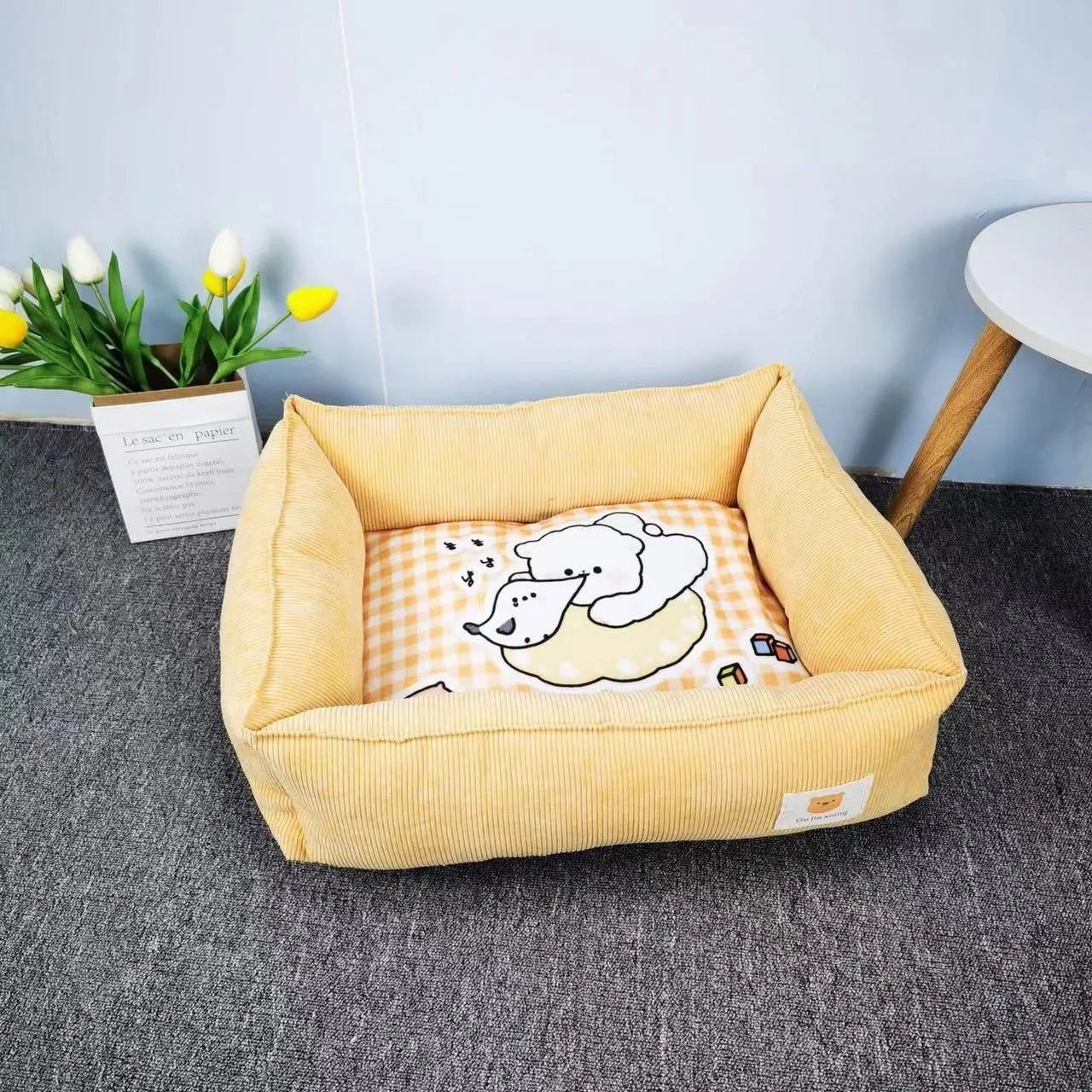 Cotton dog winter pet nest in light blue colour showing soft fabric texture and enclosed design