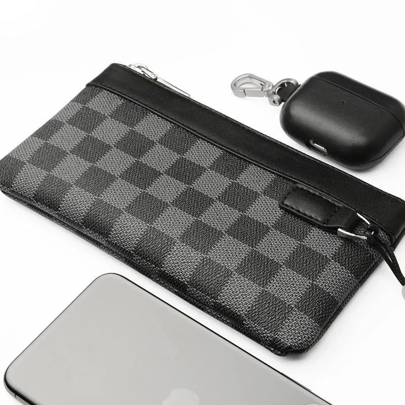 Men's black cowhide leather clutch wallet with plaid top, shown closed, measuring 20cm by 10cm