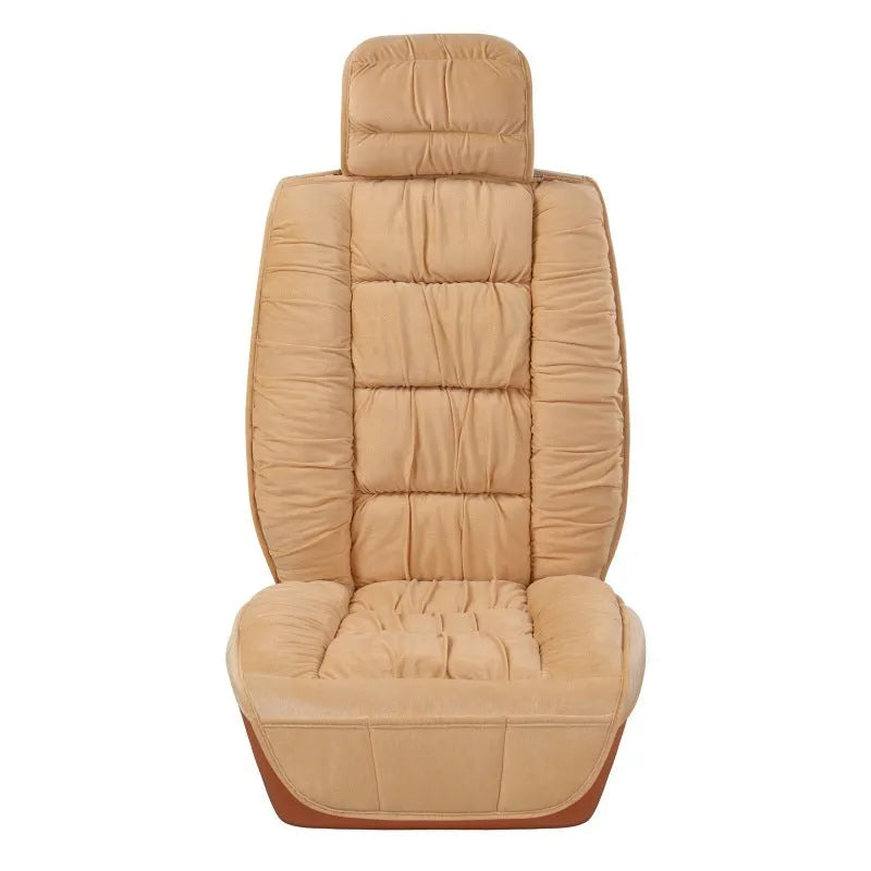 Short plush car seat cushion cover in beige colour on a vehicle seat