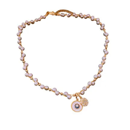 Real gold electroplated pendant necklace with round zircon-inlaid imitation pearl on adjustable clavicle chain