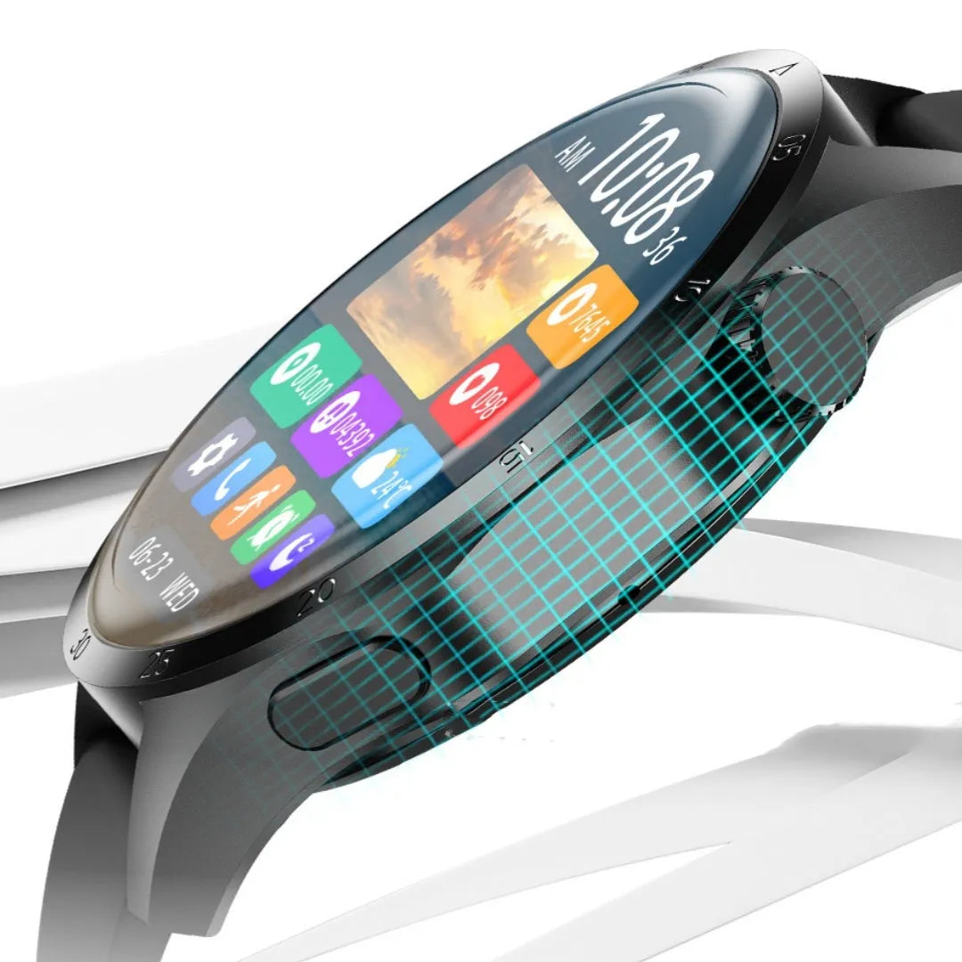 Black smartwatch with Bluetooth calling and health tracking features on a silicone strap.