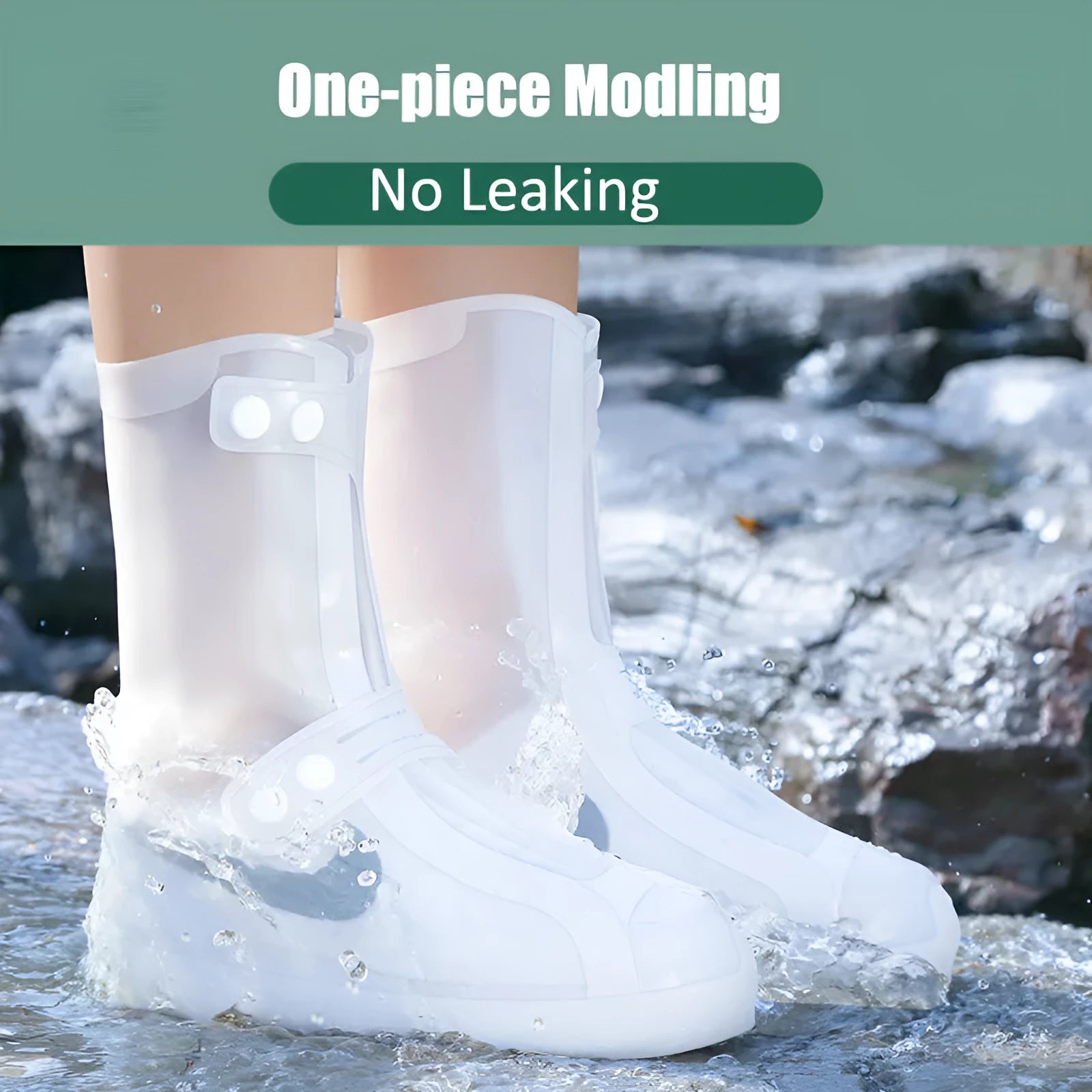 Women's white PVC high top water resistant shoe covers with anti-skid sole