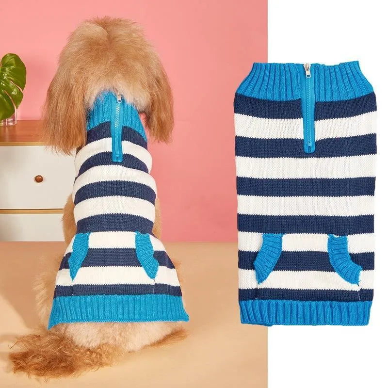 Grey dog sweater on a small breed, showing horizontal front zipper and chest pocket with button.