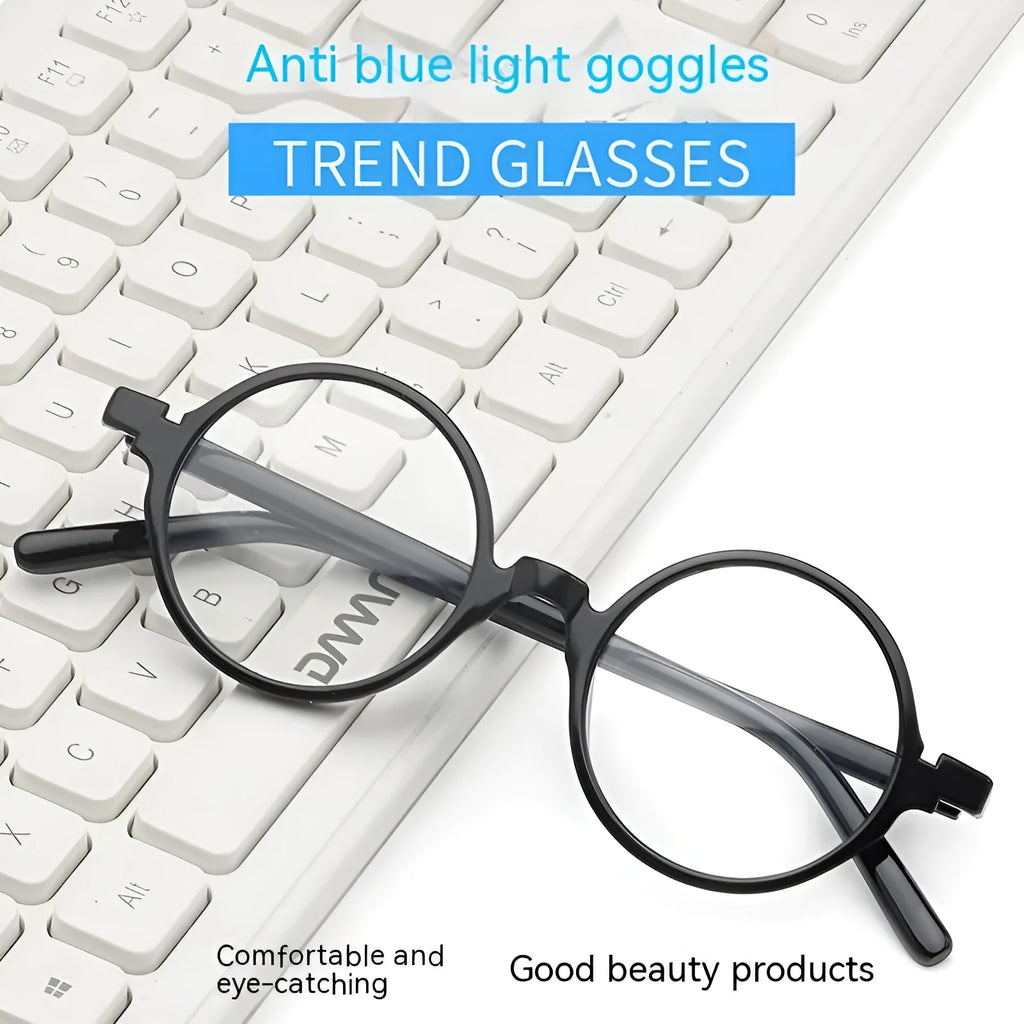 Artistic retro round glasses flat lens spectacles in bright black, sand black, tofu pudding and transparent grey frames