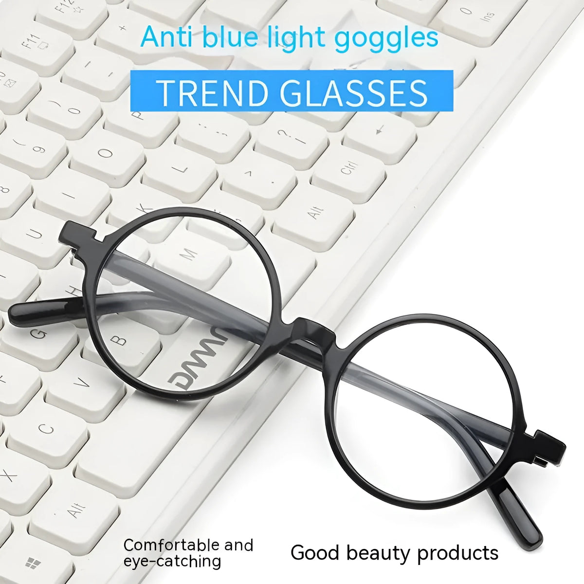 Artistic retro round glasses flat lens spectacles in bright black, sand black, tofu pudding and transparent grey frames