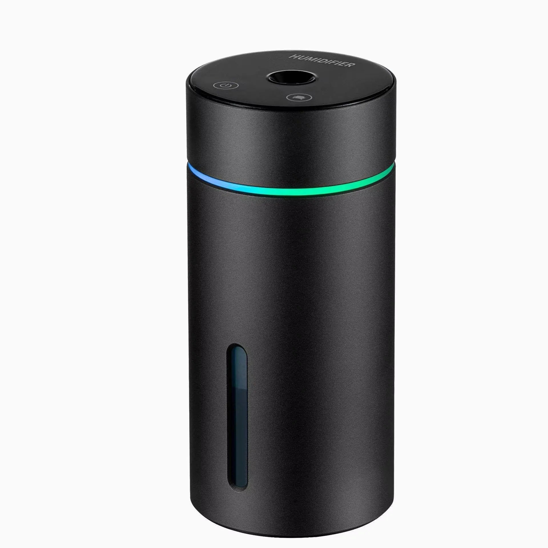 Compact black aluminium car humidifier and essential oil diffuser with USB cable on a desk.
