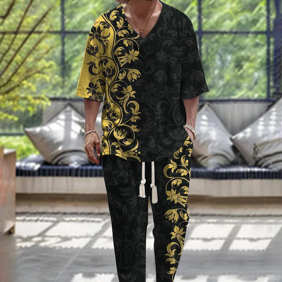 Men's cropped sleeves V-neck polyester suit in multiple colour options