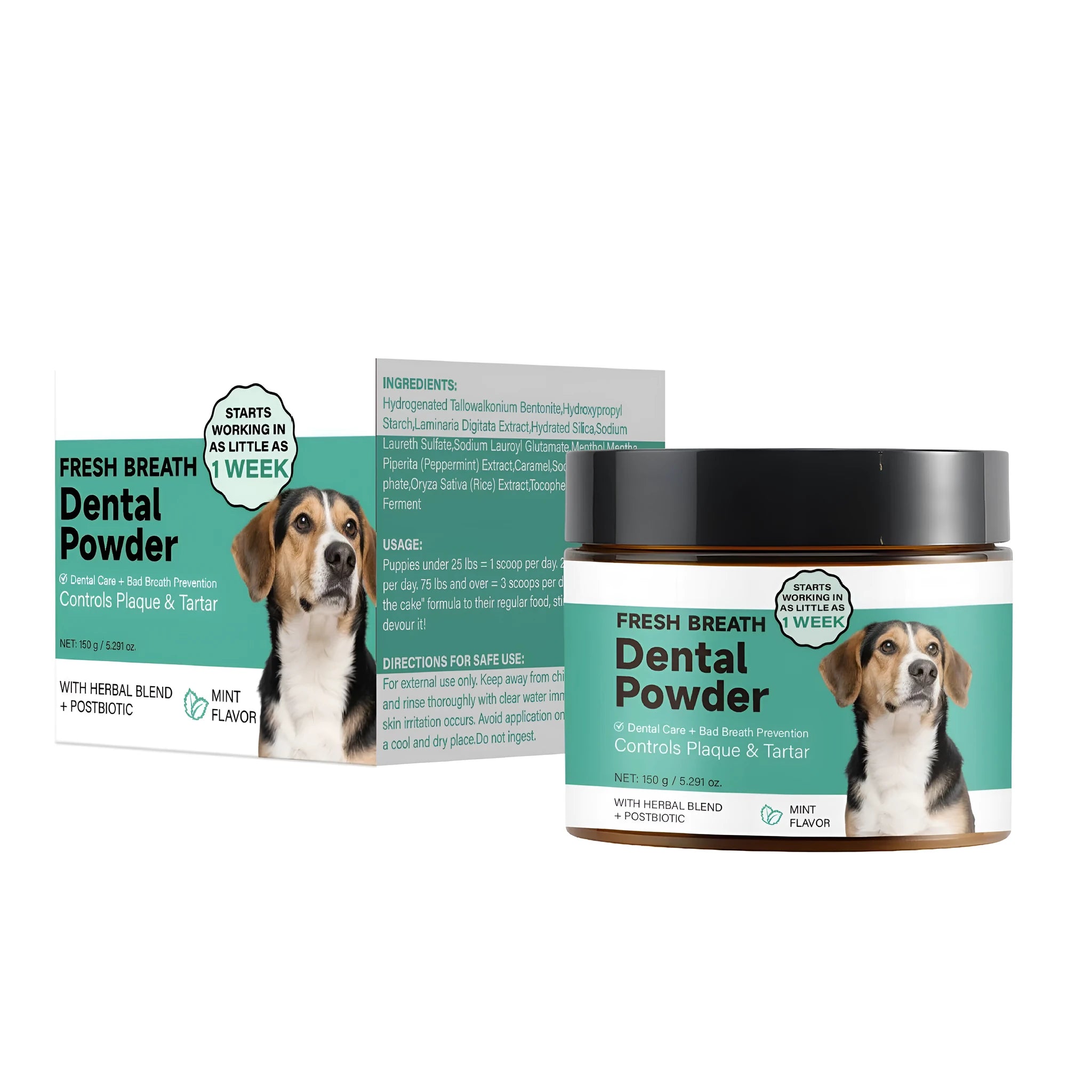 150g container of dog teeth cleaning powder for canine dental care and fresh breath