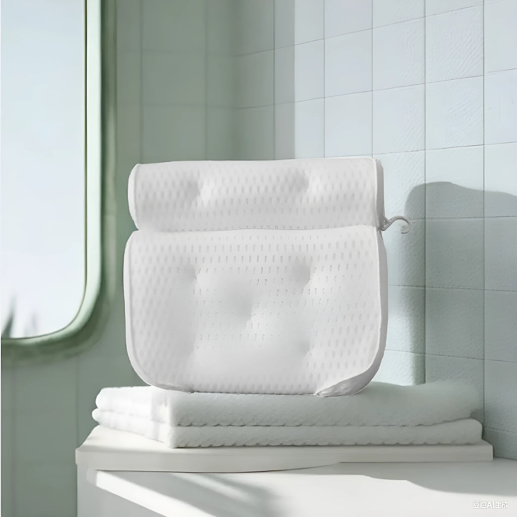 White 4D mesh bathtub pillow with seven suction cups, shown on a bathtub.