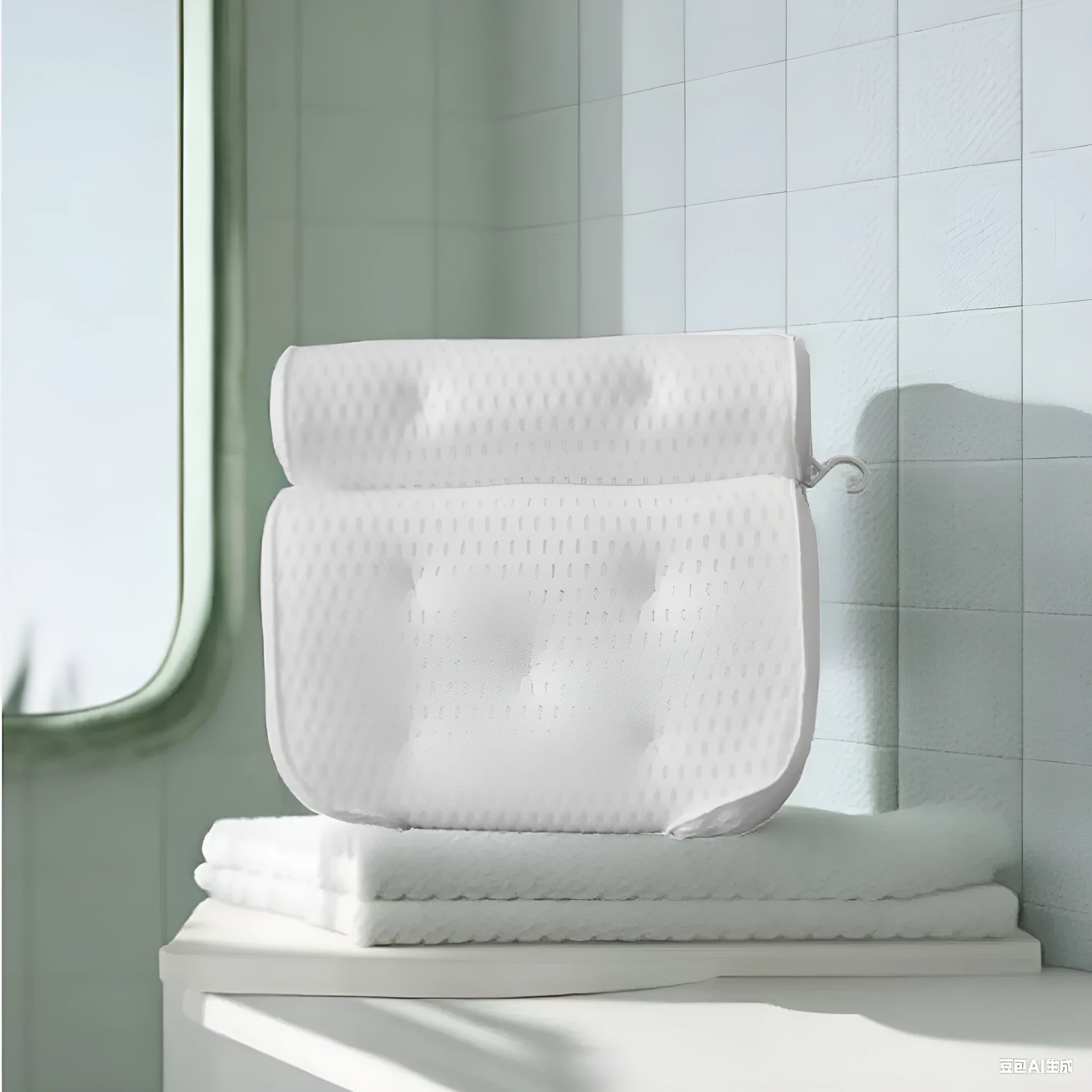 White 4D mesh bathtub pillow with seven suction cups, shown on a bathtub.
