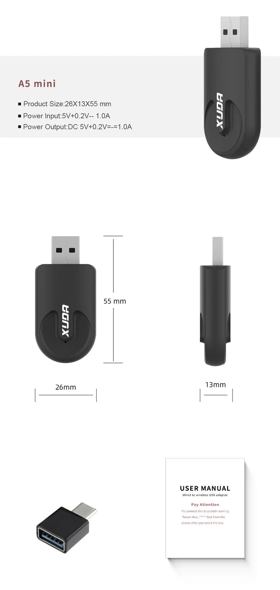 Black mini CarPlay USB interface adapter with wireless data transfer measuring 26×55×13mm