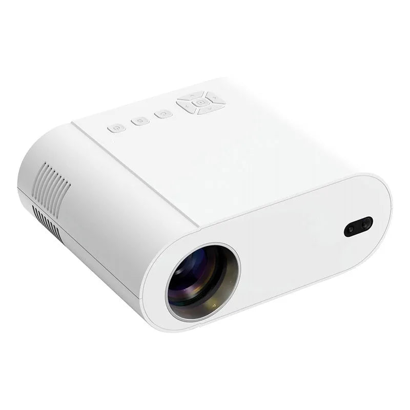 T07 Full HD Smart Projector with Android system showing white housing and remote control