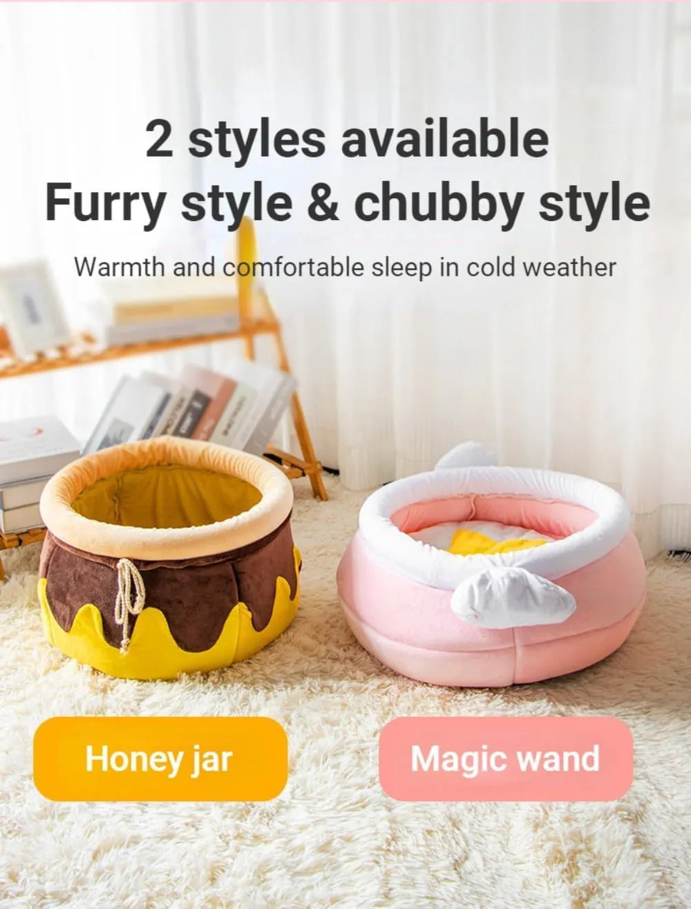 Pink and yellow honey pot shaped cat sofa bed with a soft fabric exterior and large interior space for pets.