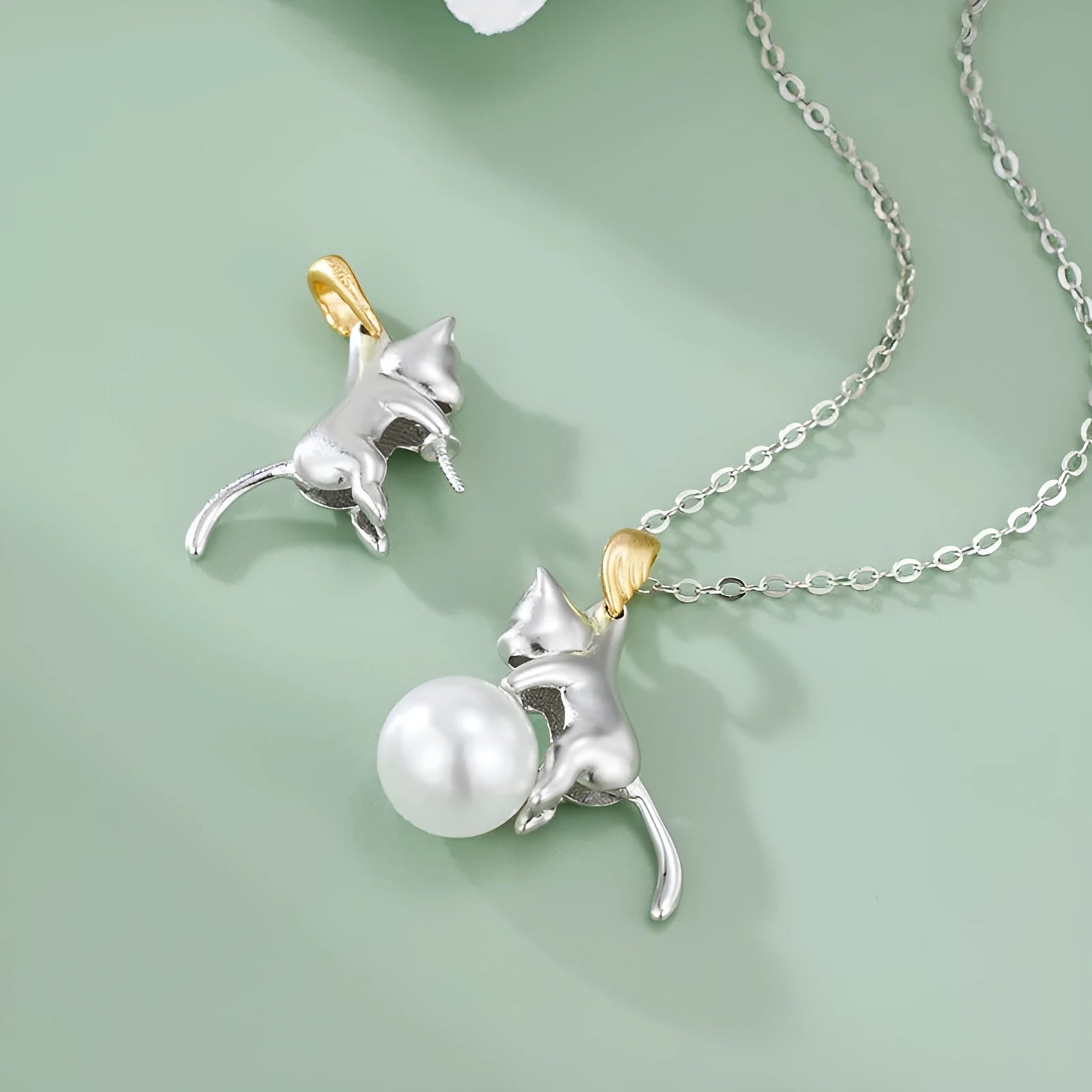 925 sterling silver cat pendant clavicle chain necklace with electroplating and pearl bead options