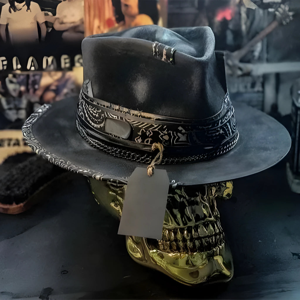 Wool felt conical crown hat with woven denim-inspired skull pattern, handmade Halloween accessory