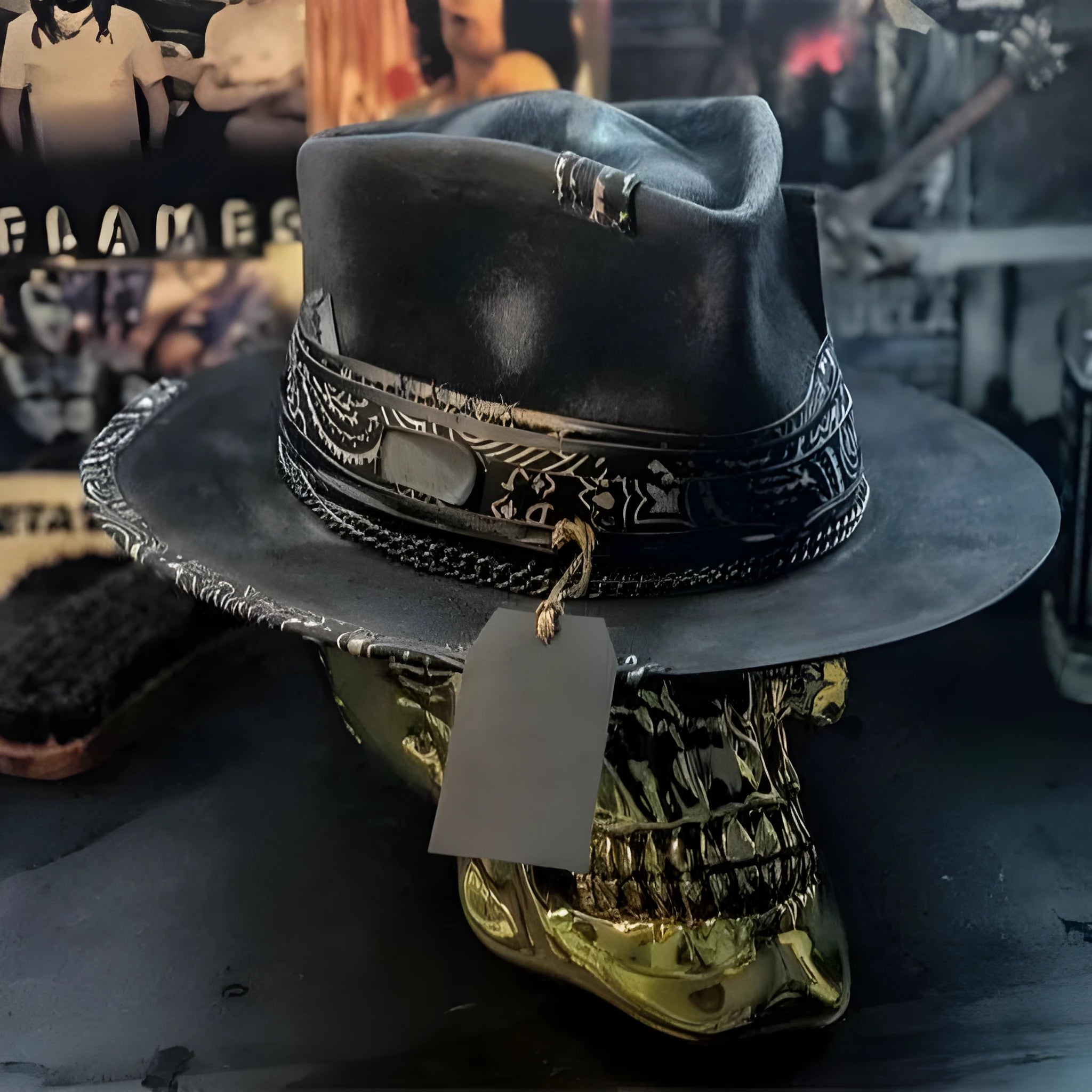 Wool felt conical crown hat with woven denim-inspired skull pattern, handmade Halloween accessory