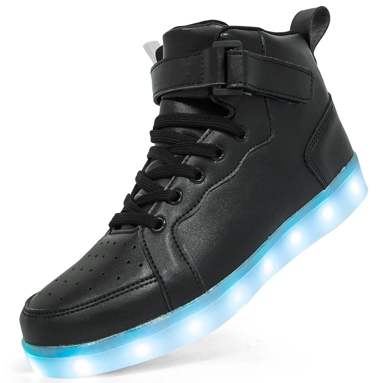 A pair of black high-top LED light-up board shoes with a Velcro strap, showing the illuminated soles.