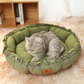 Grey and green reversible donut pet bed shown in small, medium, and large sizes for cats and small dogs