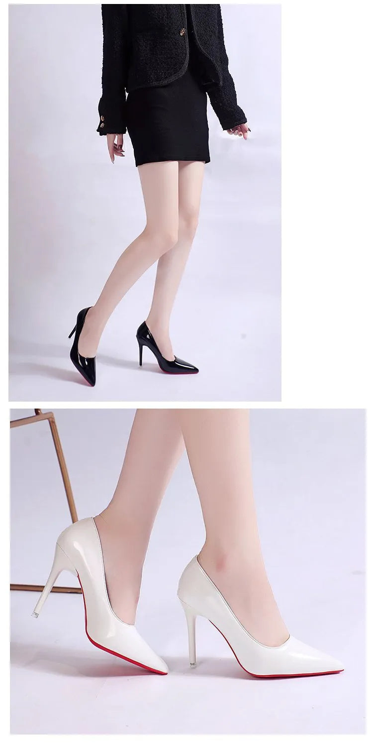 Women's black pointed toe stiletto heel pump with a low top and rubber sole.
