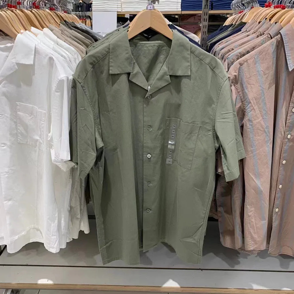 Men's beige open collar modal cotton shirt with cardigan style and collage stitching