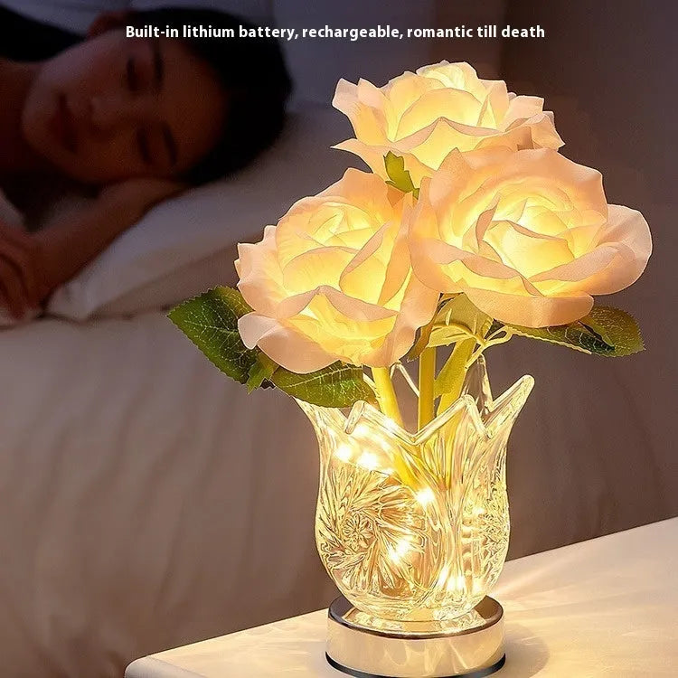 Crystal flowers design USB charging touch control dimming table lamp for bedroom bedside use
